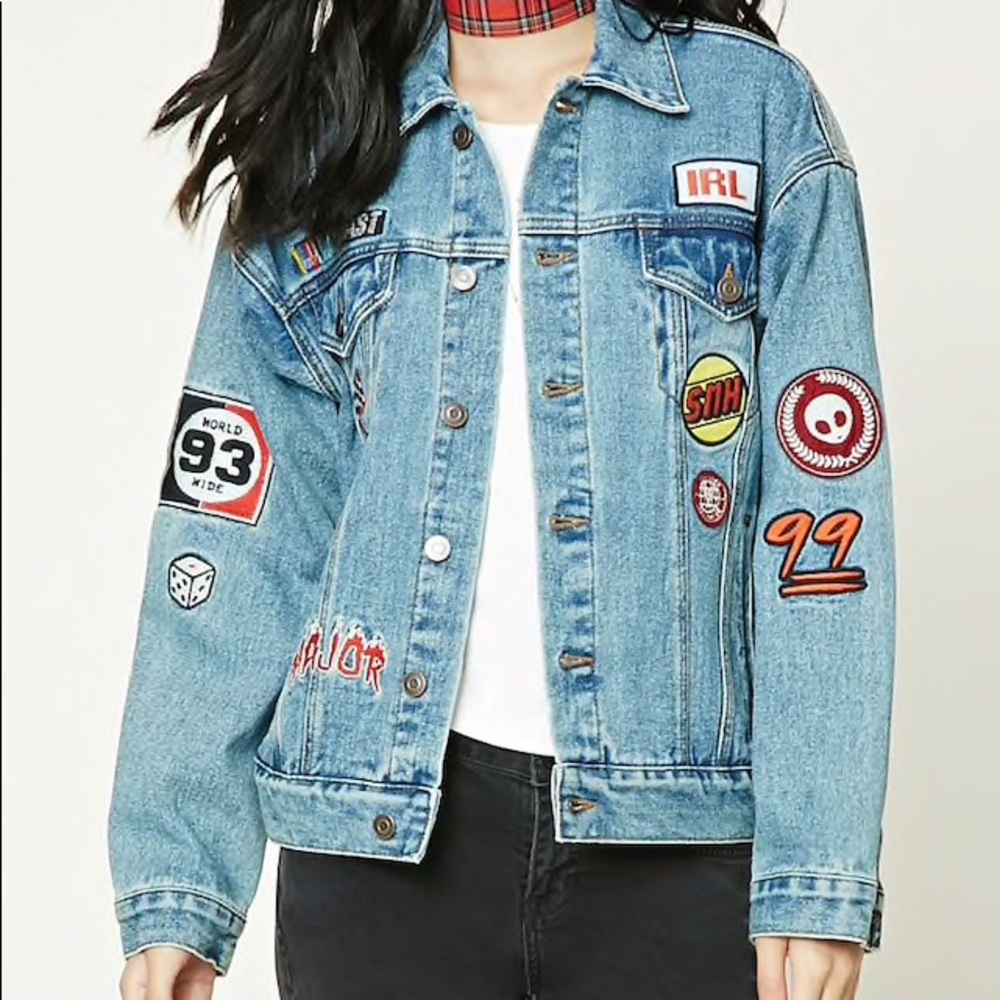 Forever 21 dark denim Jean Jacket with patches